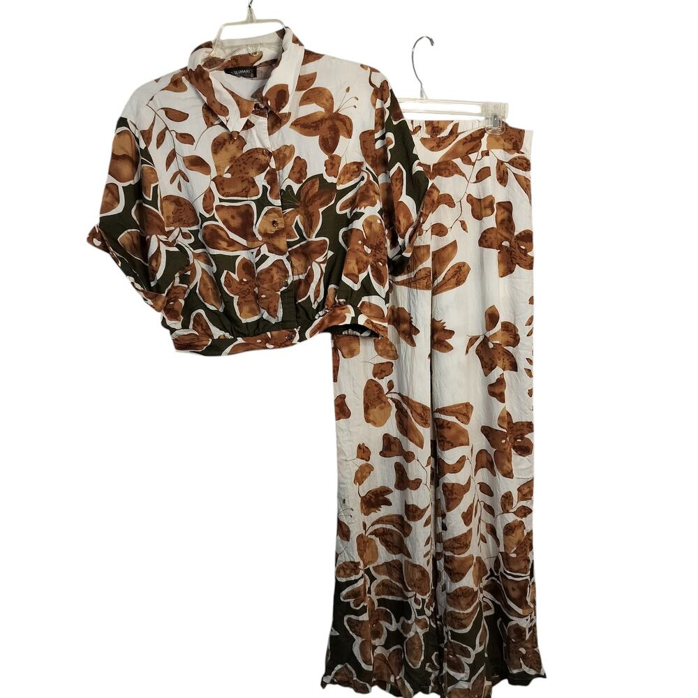 Women’s Floral Two-Piece Pants Set - Brown/White